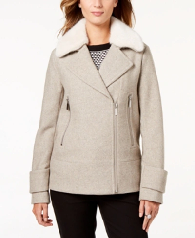 Laundry By Shelli Segal Faux-fur-collar Coat In Stone