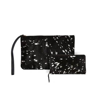 Mahi Leather Matching Clutch & Purse Gift Set In Black & Silver Pony Hair Leather