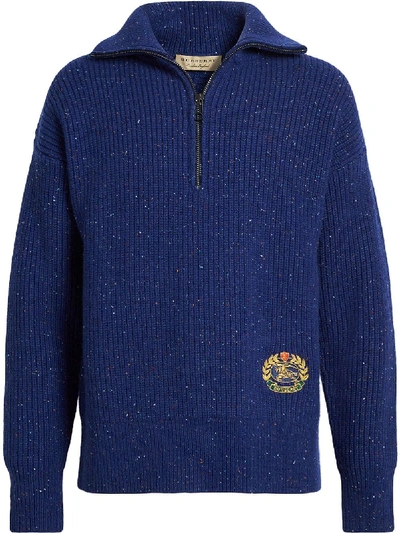 Burberry Rib Knit Wool Cashmere Blend Half-zip Sweater In Blue