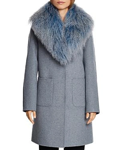 Dawn Levy Cece Reversible Mongolian Sheep Shearling Trim Coat In Heather Gray/sea Blue