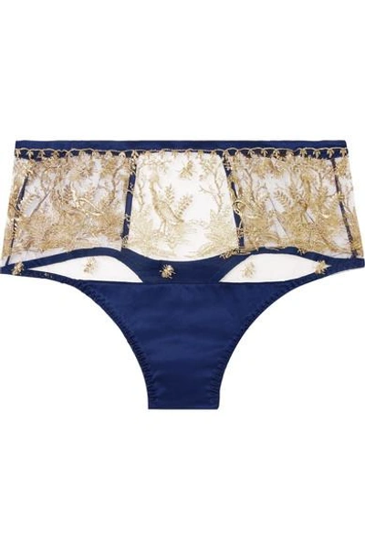 Coco De Mer Golden Heron Embroidered Tulle And Silk-blend Satin Thong In Bright Blue