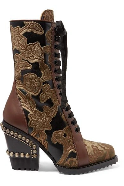 Chloé Rylee Studded Brocade And Appliquéd Leather Ankle Boots In Brown