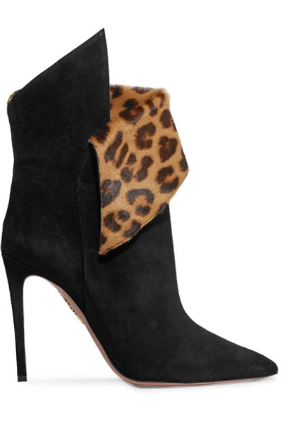 Aquazzura Night Fever 105 Calf Hair-trimmed Suede Ankle Boots In Black