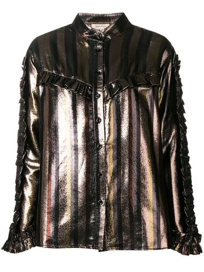 Black Coral Ruffle Detail Blouse In Metallic