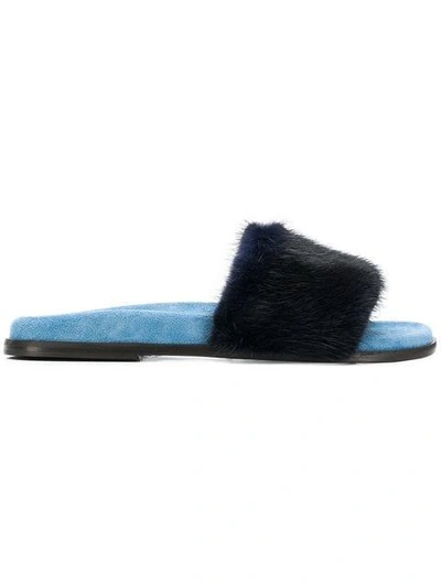 Max Mara Fur Strap Slider Sandals - Blue