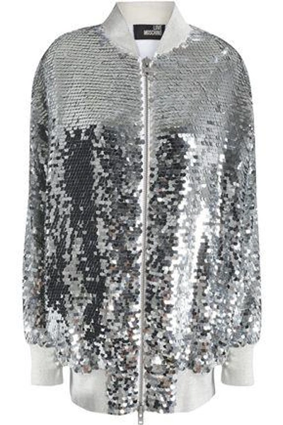 Love Moschino Woman Sequined Mesh Bomber Jacket Silver