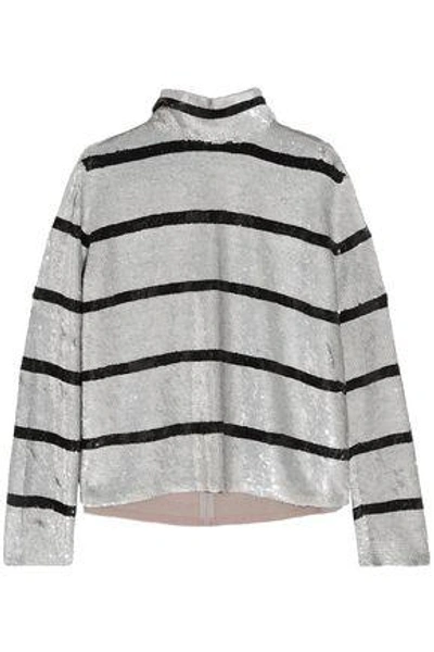 Ashish Woman Striped Sequined Silk-georgette Turtleneck Top Silver