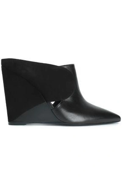 Roberto Cavalli Woman Paneled Suede And Leather Wedge Mules Black