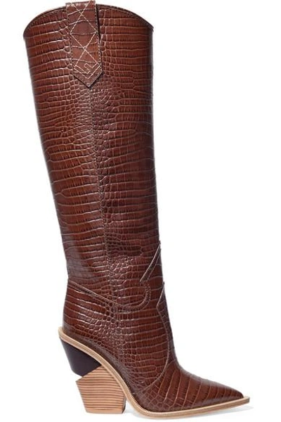 Fendi Croc-effect Leather Knee Boots In Dark Brown