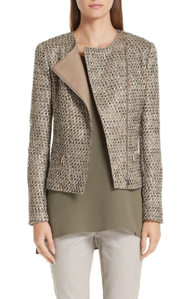 Lafayette 148 Trista Suede-trimmed Metallic Tweed Jacket In Sahara Multi