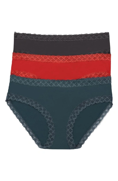 Natori Three-pack Bliss Cotton Girl Briefs In Asphalt/lacquered Red/ Sea