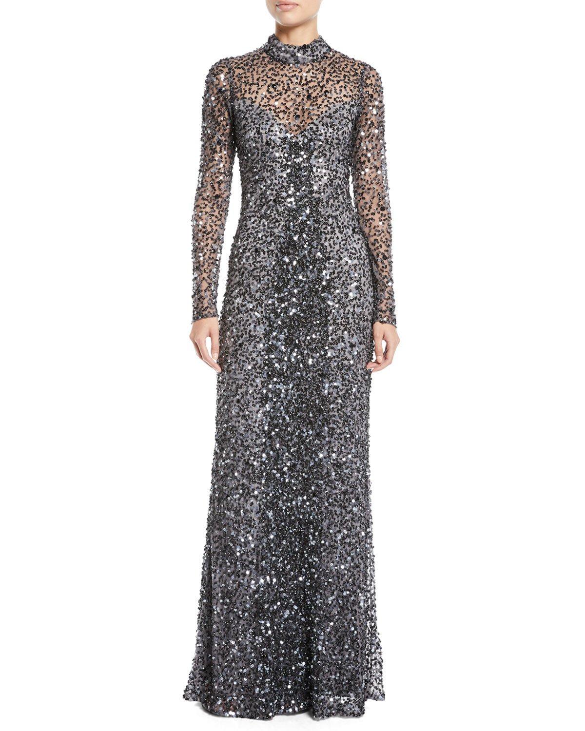 Leandra Sequin Long Sleeve Gown Dress In Gunmetal