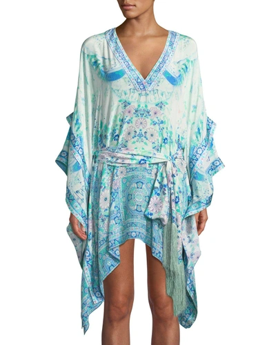 Camilla Double-layer Printed Silk Kimono-sleeve Dress In Head In The Cloud