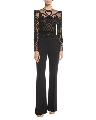 Zuhair Murad Long-sleeve Lace-bodice Crepe Cady Flared-leg Jumpsuit In Black Pattern