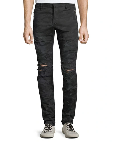 Balmain Men's Distressed Camo Straight-leg Biker Jeans In Black