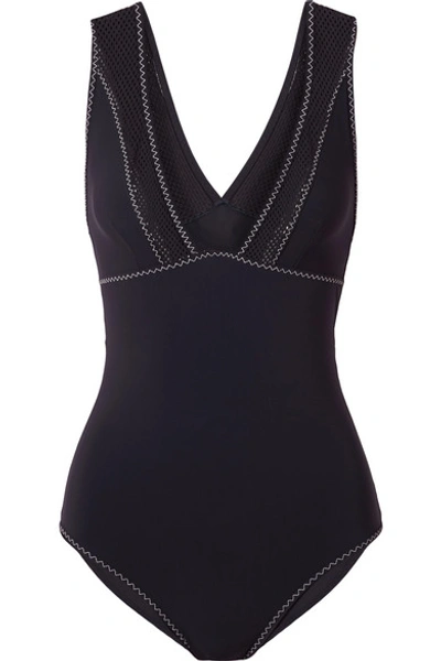 Stella Mccartney V-neck Racerback One-piece Swimsuit With Contrast Stitching In Midnight Blue