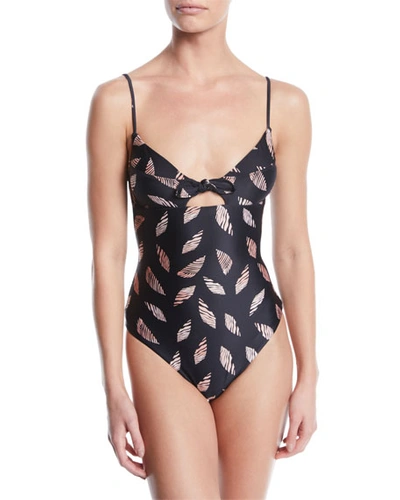 Vix Seychelles Knot-front Printed One-piece Swimsuit In Black/pink