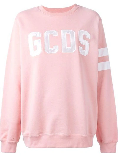 Gcds Plush Logo & Striped Cotton Sweatshirt, Pink