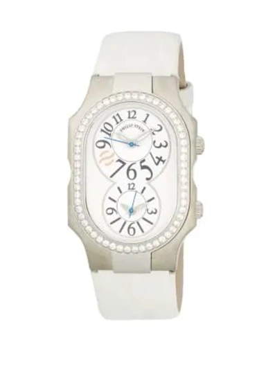 Philip Stein Signature Dual-time Stainless Steel, Diamond & Leather-strap Watch In White