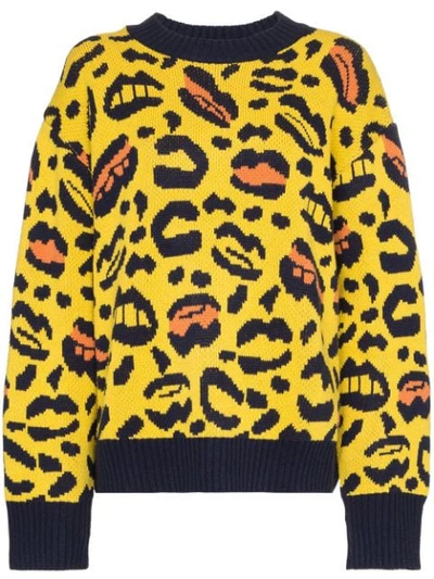 Charm's Leopard And Lips Pattern Knit Sweater - Yellow