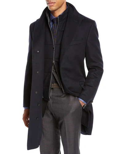 Corneliani Id Wool Topcoat With Zip-out Bib In Navy