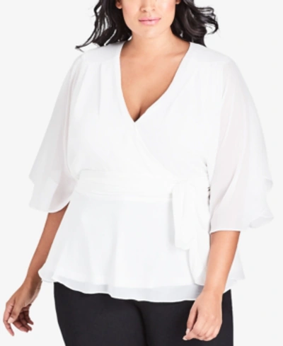 City Chic Trendy Plus Size Elegant Sheer-sleeve Wrap Top In Ivory