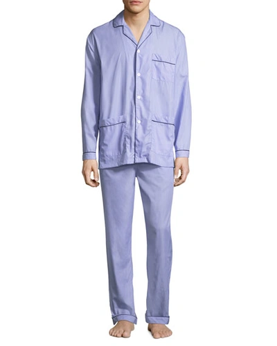 Neiman Marcus Men's Two-piece Contrast-piped Pajama Set In Light Blue