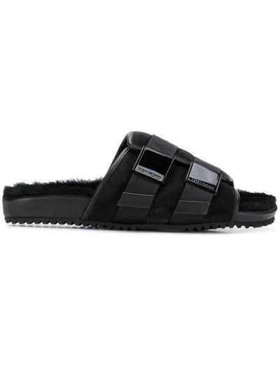 Tom Ford Men's Churchill Shearling-lined Slide Sandals In Black