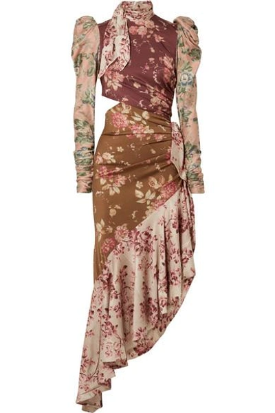 Zimmermann Unbridled Tempest Asymmetric Cutout Floral-print Silk-blend Dress In Spliced