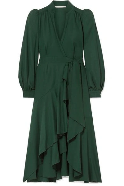 Anna Mason Stella Ruffled Wool-crepe Wrap Dress In Dark Green