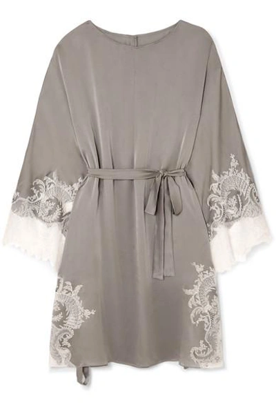 Carine Gilson Chantilly Lace-trimmed Silk-satin Kaftan In Light Gray