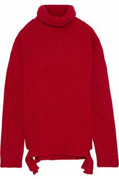 Iris & Ink Woman Cherry Ribbed Wool Turtleneck Sweater Crimson
