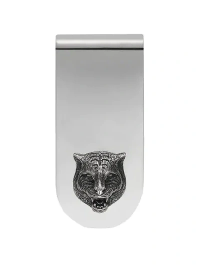 Gucci Money Clip With Feline Head In Silver In 0701