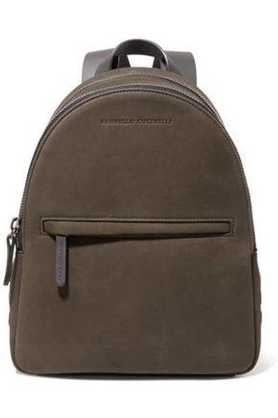 Brunello Cucinelli Woman Leather-trimmed Bead-embellished Suede Backpack Army Green