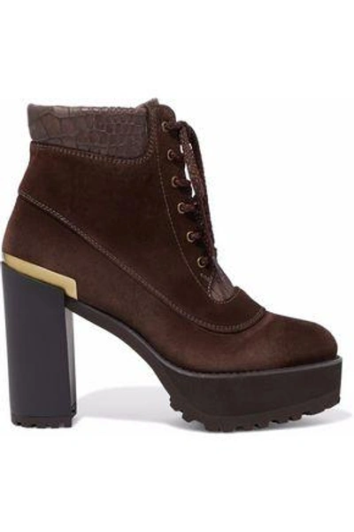 Stuart Weitzman Woman Nubuck And Croc-effect Leather Platform Ankle Boots Brown