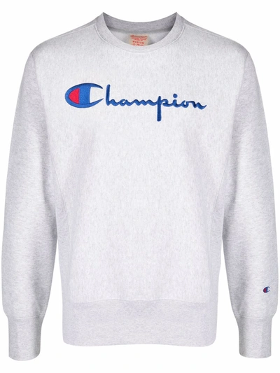 Champion Reverse Wave Embroidered Logo Sweatshirt In Light Grey