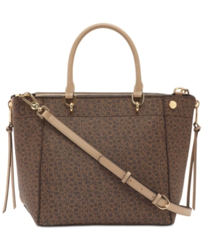 Calvin Klein Susan Signature Satchel In Brown Khaki/porcini/gold