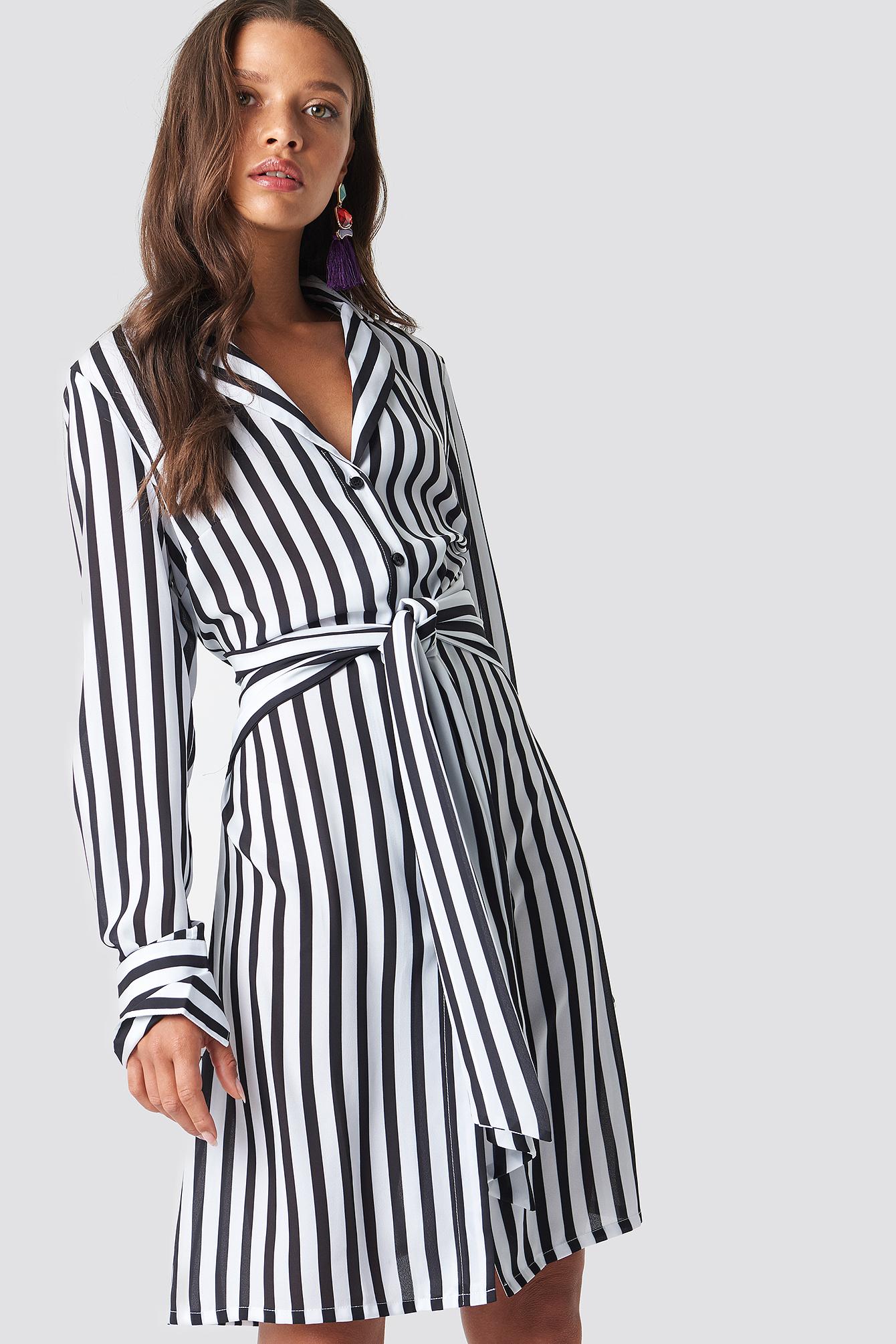 black and white striped button down dress