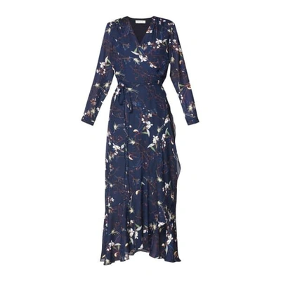 Paisie Floral Tie Wrap Maxi Dress With Frills In Navy