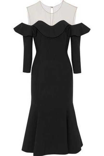 Oscar De La Renta Woman Tulle-paneled Ruffled Wool-blend Midi Dress Black