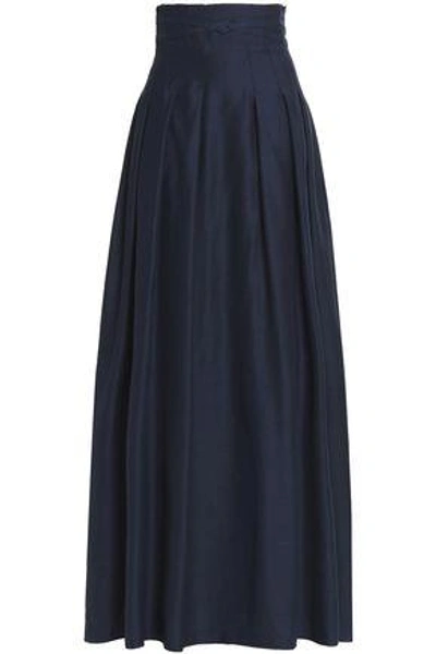 Oscar De La Renta Pleated Satin Maxi Skirt In Navy