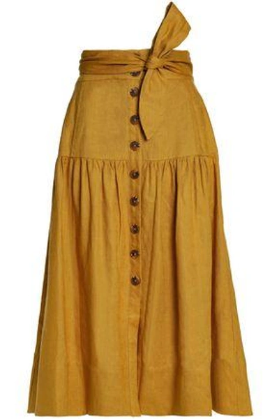 Sea Woman Belted Gathered Linen Midi Skirt Mustard