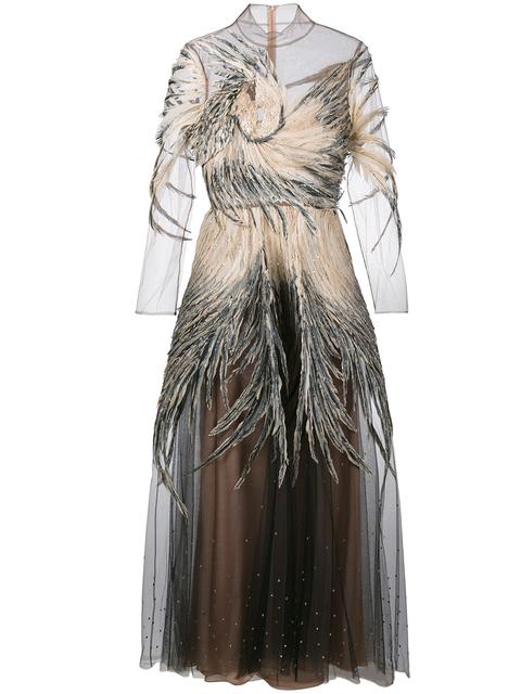feather embellished gown