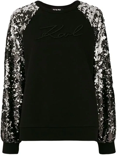 Karl Lagerfeld Signature Sequin Sleeve Sweatshirt - Black