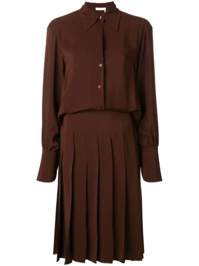 Chloé Pleated Silk Crepe De Chine Shirtdress In Brown