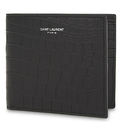 Saint Laurent Black Branded Crocodile-embossed Leather Wallet