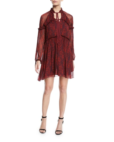 Cinq À Sept Gisele Floral Silk Ruffle Long-sleeve Shift Dress In Red