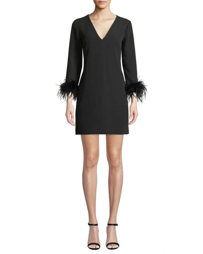 Milly Nicole V-neck Long-sleeve Feather-cuffs A-line Mini Dress In Black