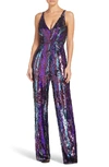 Dress The Population Charlie Brushstroke Sequin Sleeveless Jumpsuit In Merlot Multi