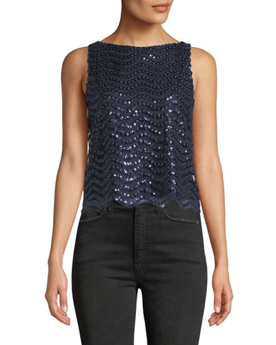 Alice And Olivia Amal Sequin Boxy Tank Top In Blue